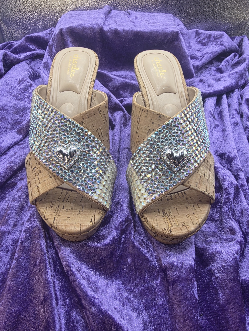 Cork Platform Wedge Heels With Austrian Crystal Detail